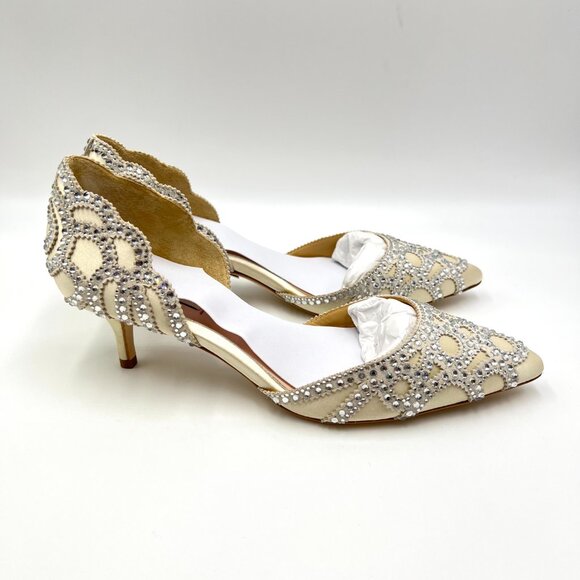 Badgley Mischka Womens Size 6.5 Ivory White Jeweled Kitten Heels Pumps Shoes